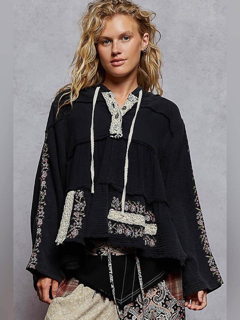POL “Wildwood” Embroidered Cotton Gauze Hoodie Boho Top | Black